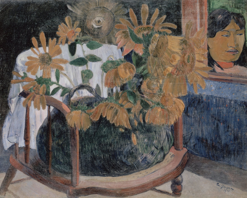 Zonnebloemen op een fauteuil, Paul Gauguin, kunstdruk van willem.