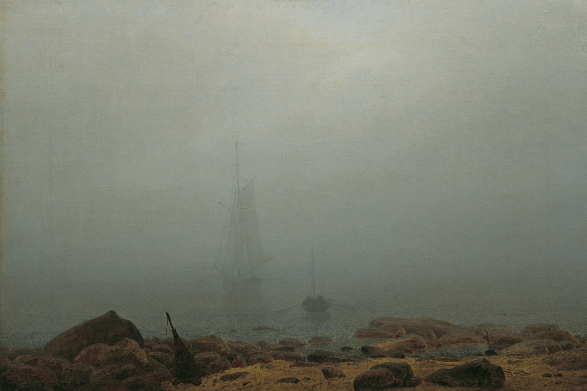 Zeestrand in de mist, Caspar David Friedrich, kunstdruk van willem.