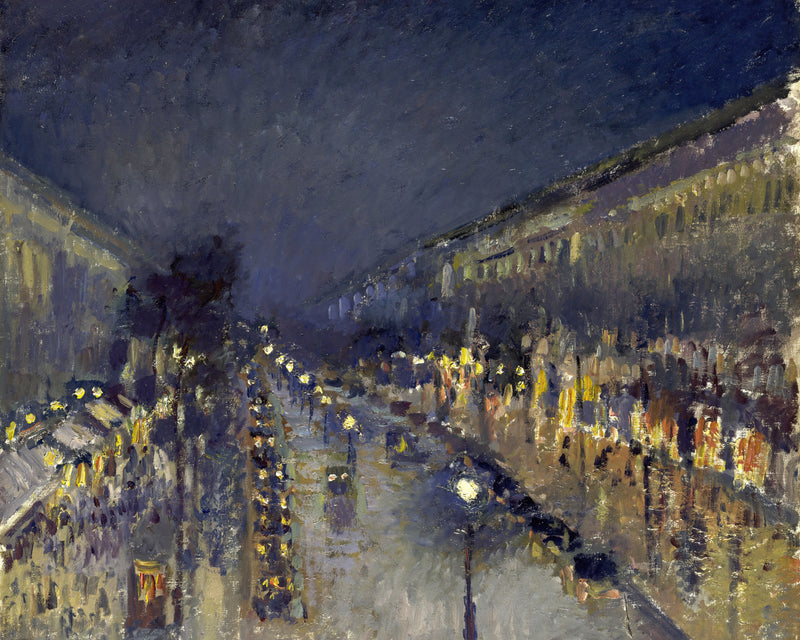 Boulevard Montmartre bij nacht, Camille Pissarro, kunstdruk van willem.