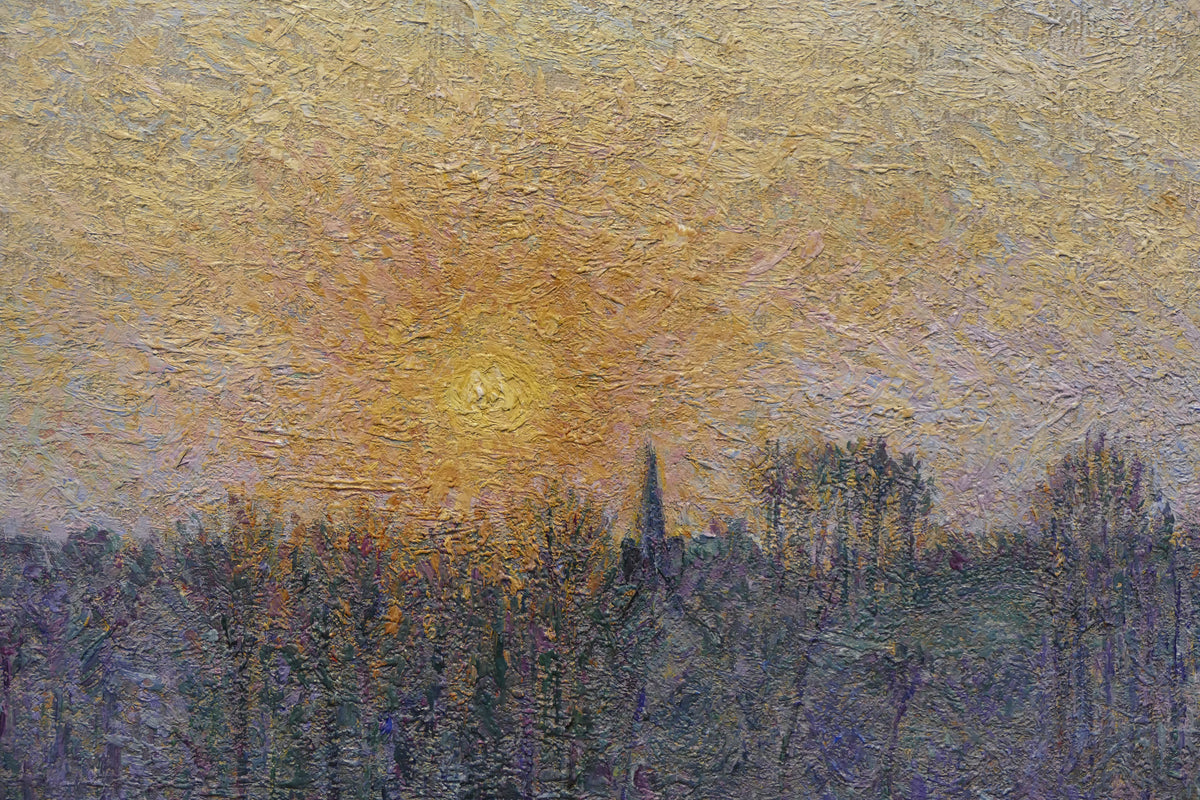 Zicht op Bazincourt bij zonsondergang, Camille Pissarro, kunstdruk van willem.