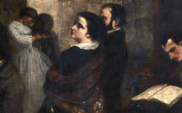 Detail: de vrienden rechts in het atelier, met Charles Baudelaire lezend aan de tafel