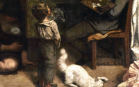 Detail: de toekijkende jongen en de witte kat op de vloer van het atelier