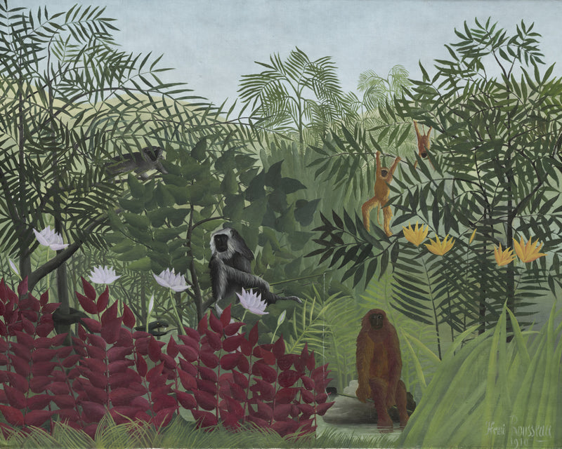 Tropisch woud met apen, Henri Rousseau, kunstdruk van willem.