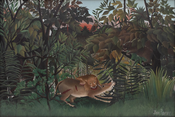 De hongerige leeuw werpt zich op de antilope, Henri Rousseau, kunstdruk van willem.