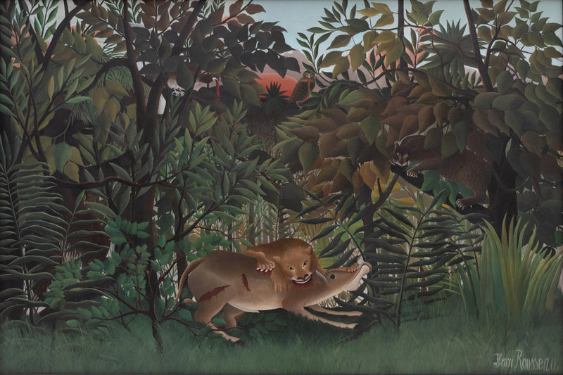 De hongerige leeuw werpt zich op de antilope, Henri Rousseau, kunstdruk van willem.