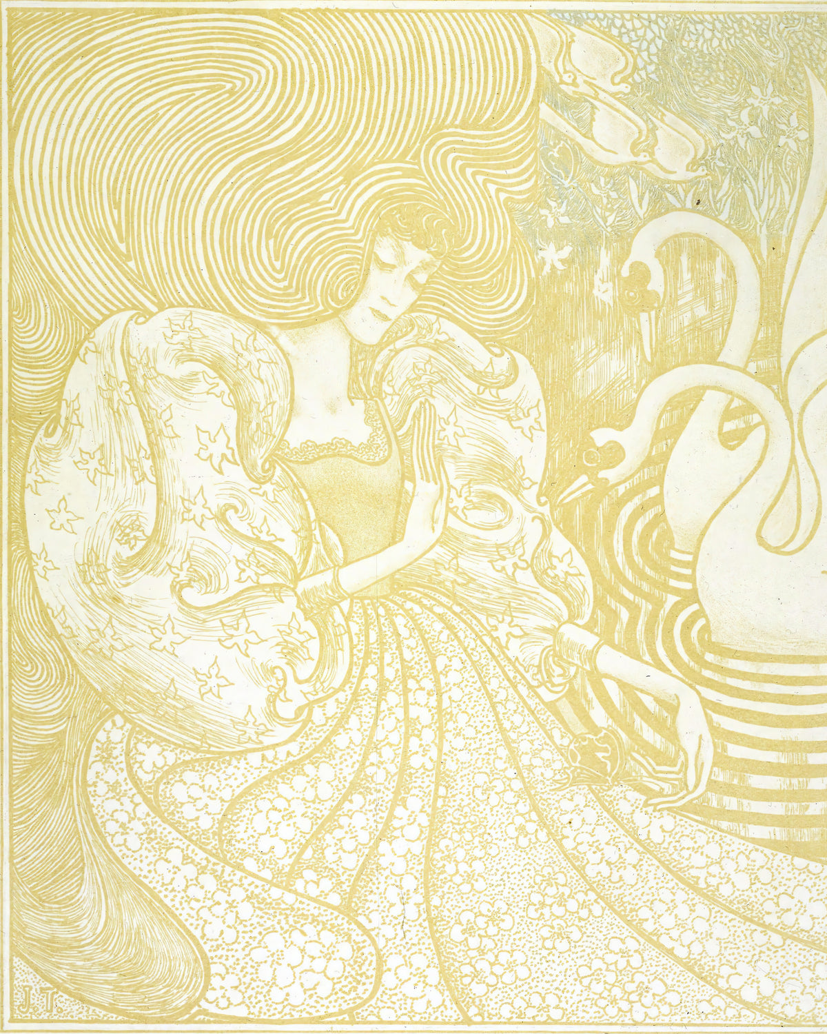 Vrouw met vlinder bij een vijver met twee zwanen, Jan Toorop, kunstdruk van willem.