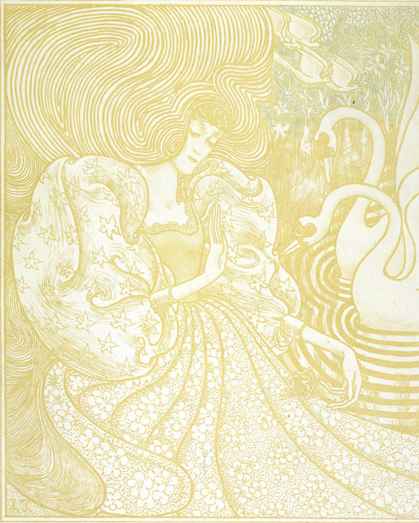 Vrouw met vlinder bij een vijver met twee zwanen, Jan Toorop, kunstdruk van willem.