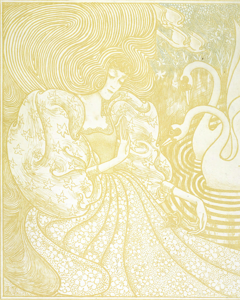 Vrouw met vlinder bij een vijver met twee zwanen, Jan Toorop, kunstdruk van willem.