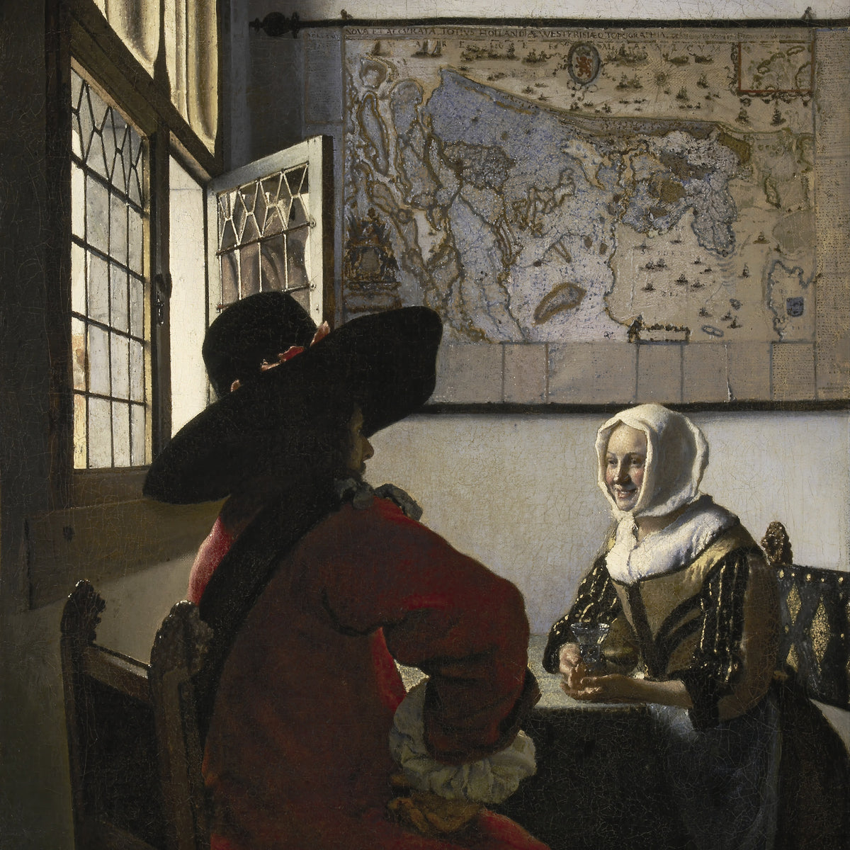 Officier en lachend meisje, Johannes Vermeer, kunstdruk van willem.