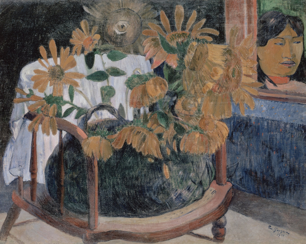 Zonnebloemen op een fauteuil, Paul Gauguin, kunstdruk van willem.