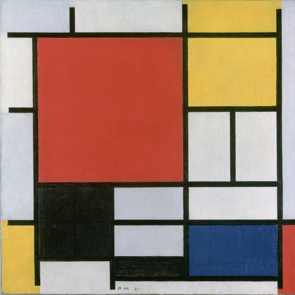 Compositie met groot rood vlak, geel, zwart, grijs en blauw, Piet Mondriaan, kunstdruk van willem.