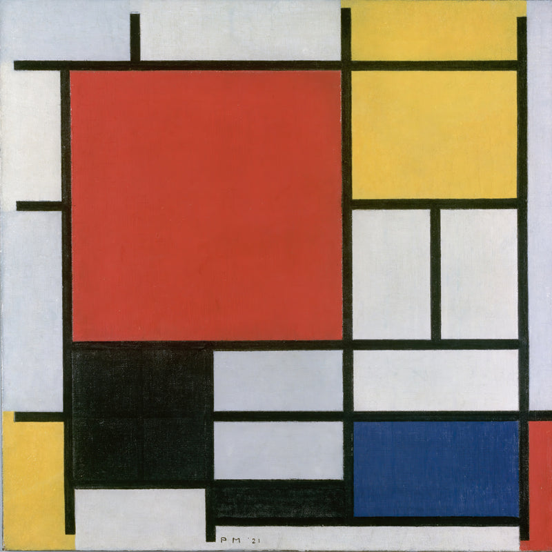 Compositie met groot rood vlak, geel, zwart, grijs en blauw, Piet Mondriaan, kunstdruk van willem.