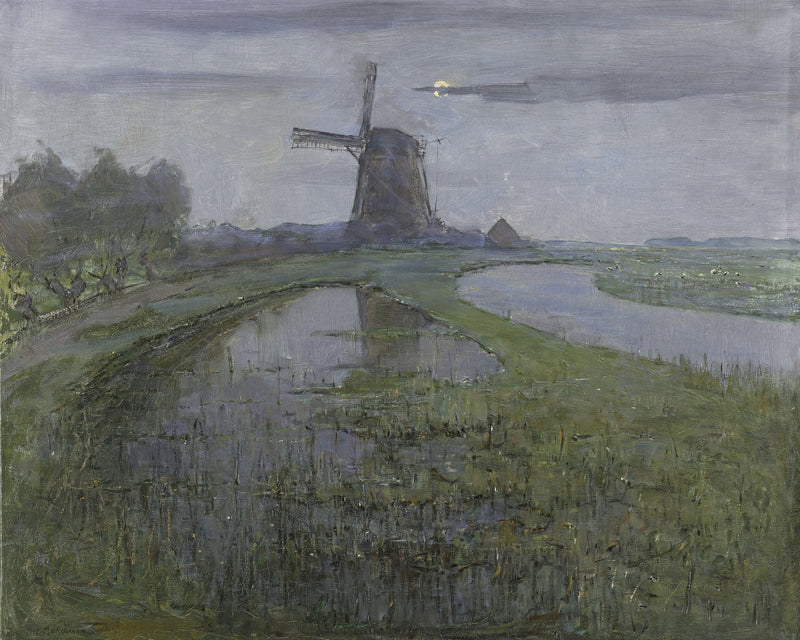 Oostzijdse molen aan het Gein bij maanlicht, Piet Mondriaan, kunstdruk van willem.