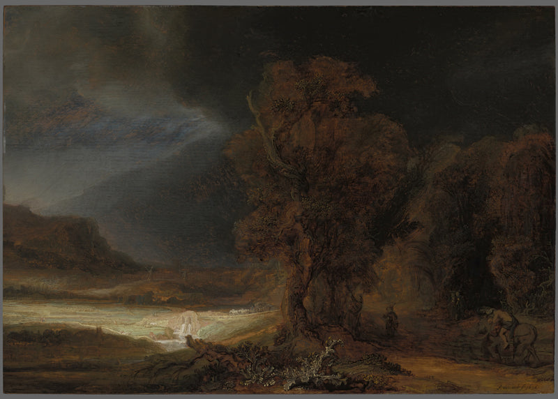 Landschap met de barmhartige Samaritaan, Rembrandt van Rijn, kunstdruk van willem.