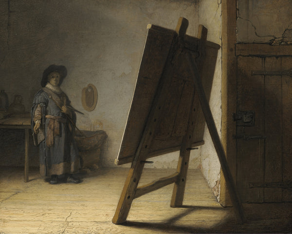 De schilder in zijn atelier, Rembrandt van Rijn, kunstdruk van willem.