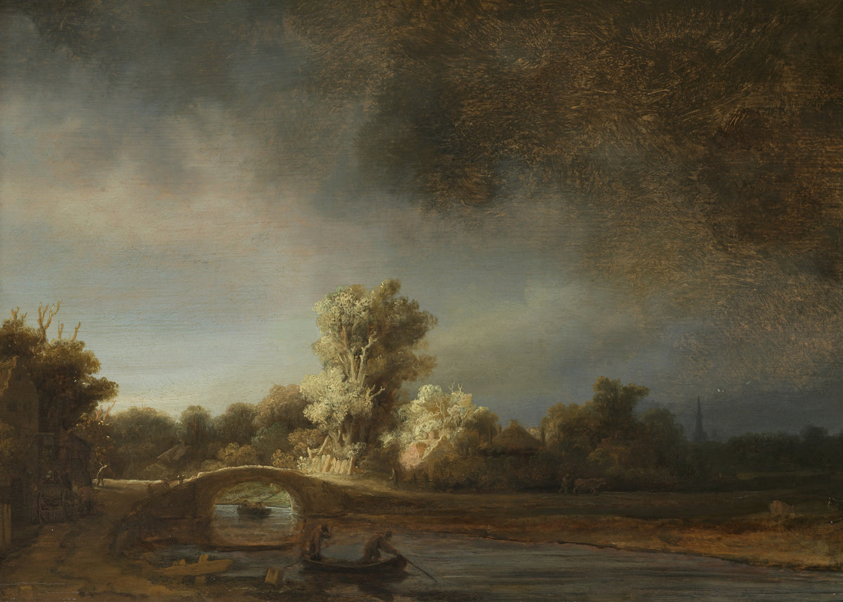Landschap met stenen brug, Rembrandt van Rijn, kunstdruk van willem.