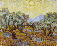 Olijfbomen met gele hemel en zon, Vincent van Gogh, kunstdruk van willem.