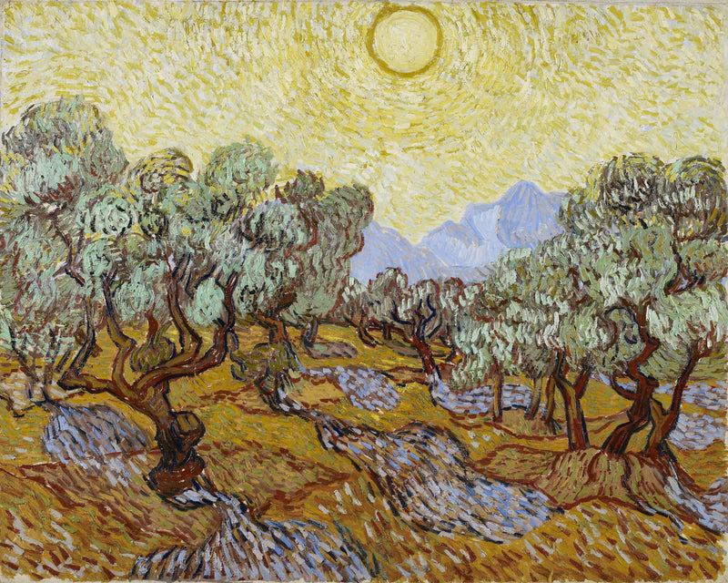 Olijfbomen met gele hemel en zon, Vincent van Gogh, kunstdruk van willem.