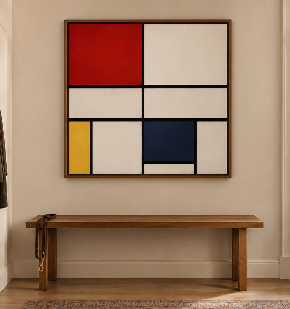 Ingelijst Mondriaan-werk gecentreerd boven een houten bank in een rustige hal